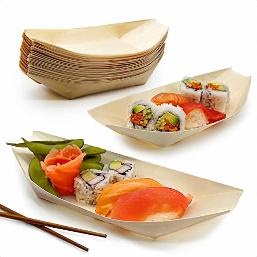 100 Pack Extra Large 10" Biodegradable Sushi Boats. 100% Disposable Appetizer Plates. Compostable Natural Wood Food Trays. Sturdy Poplar Serving Dish. Eco-Friendly Bamboo Sushi and Sashimi Party Kit