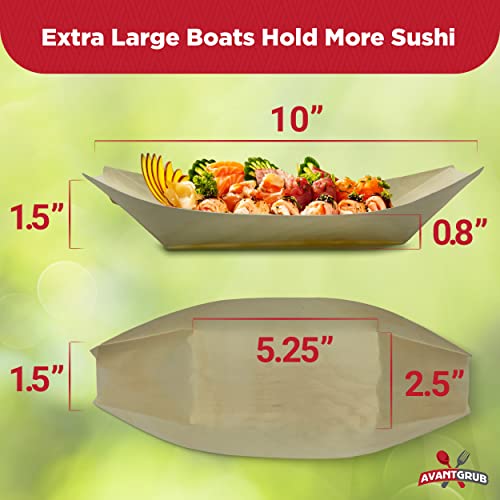 100 Pack Extra Large 10" Biodegradable Sushi Boats. 100% Disposable Appetizer Plates. Compostable Natural Wood Food Trays. Sturdy Poplar Serving Dish. Eco-Friendly Bamboo Sushi and Sashimi Party Kit