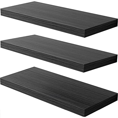 JPND Floating Shelf, Set of 3 Wall Shelf, 36 in W x 12.75 in D x 2 in H Wooden Floating Wall Shelf with Invisible Brackets for Living Room/Bedroom/Bathroom/Kitchen Storage and Decor, Black