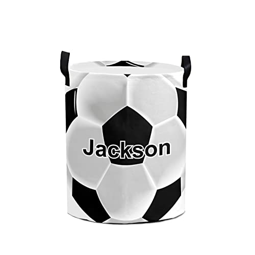 Soccer Football Personalized Freestanding Laundry Hamper, Custom Waterproof Collapsible Drawstring Basket Storage Bins with Handle for Clothes