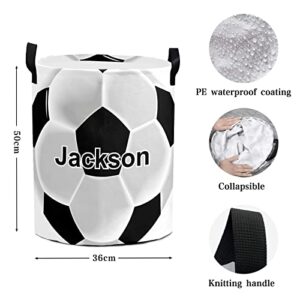 Soccer Football Personalized Freestanding Laundry Hamper, Custom Waterproof Collapsible Drawstring Basket Storage Bins with Handle for Clothes