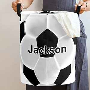 Soccer Football Personalized Freestanding Laundry Hamper, Custom Waterproof Collapsible Drawstring Basket Storage Bins with Handle for Clothes