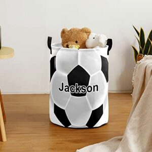 Soccer Football Personalized Freestanding Laundry Hamper, Custom Waterproof Collapsible Drawstring Basket Storage Bins with Handle for Clothes