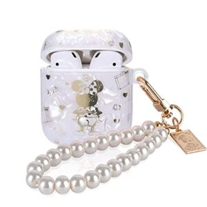 cute case for airpods 1/2 with white pearl wrist keychain for women girls kids kawaii min mouse glitter bling marble shell colorful protective soft cover case skin