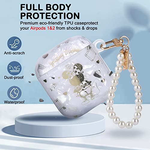 Cute Case for AirPods 1/2 with White Pearl Wrist Keychain for Women Girls Kids Kawaii Min Mouse Glitter Bling Marble Shell Colorful Protective Soft Cover Case Skin