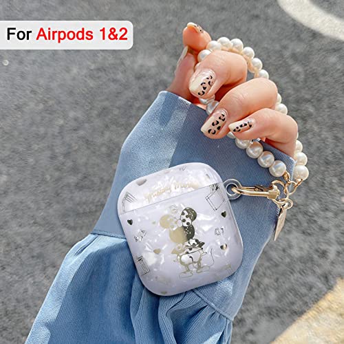 Cute Case for AirPods 1/2 with White Pearl Wrist Keychain for Women Girls Kids Kawaii Min Mouse Glitter Bling Marble Shell Colorful Protective Soft Cover Case Skin