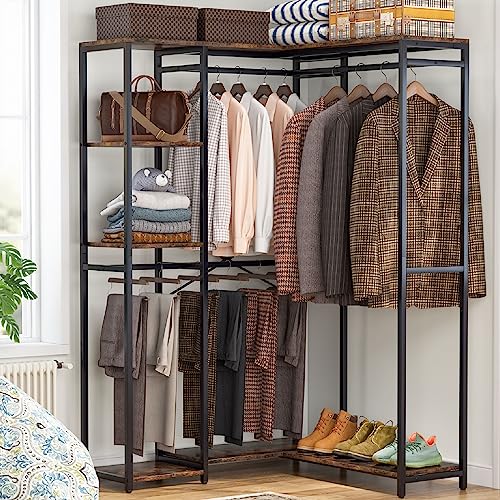 Tribesigns L-Shaped Clothes Rack for Corner, Heavy Duty Garment Rack with Shelves and Hanging Rods, Freestanding Closet Wardrobe Rack Metal Clothing Rack for Bedroom, Capacity 500lbs