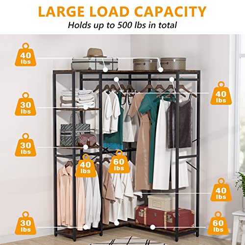 Tribesigns L-Shaped Clothes Rack for Corner, Heavy Duty Garment Rack with Shelves and Hanging Rods, Freestanding Closet Wardrobe Rack Metal Clothing Rack for Bedroom, Capacity 500lbs