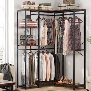 Tribesigns L-Shaped Clothes Rack for Corner, Heavy Duty Garment Rack with Shelves and Hanging Rods, Freestanding Closet Wardrobe Rack Metal Clothing Rack for Bedroom, Capacity 500lbs