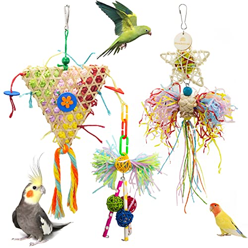 Duckiimo Bird Parrot Shredding Toys, Parakeet Chewing Foraging Toys, Bamboo Rattan Loofah Parrot Cage Hanging Shredder Toys for Parakeets, Conure, Cockatiels, Budgies, Amazon Parrots 9.5" 14.2"