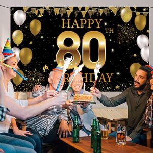 80th Birthday Party Decorations Backdrop Banner, Happy 80th Birthday Decorations for Men Women, 80 Years Old Birthday Photo Booth Props Black Gold, 80 Birthday Yard Sign, Fabric Vicycaty