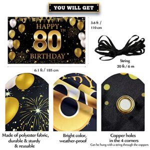 80th Birthday Party Decorations Backdrop Banner, Happy 80th Birthday Decorations for Men Women, 80 Years Old Birthday Photo Booth Props Black Gold, 80 Birthday Yard Sign, Fabric Vicycaty