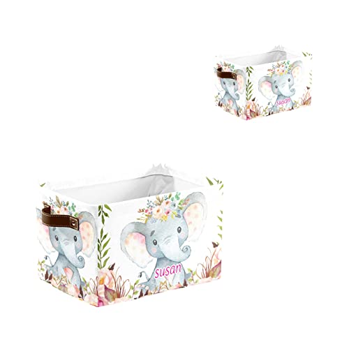 Personalized Watercolor Elephant Flower Storage Bin with Name Waterproof Canvas Organizer Bin with Handles for Gift Baskets Book Bag (1 Pack)