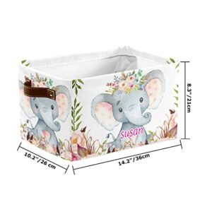 Personalized Watercolor Elephant Flower Storage Bin with Name Waterproof Canvas Organizer Bin with Handles for Gift Baskets Book Bag (1 Pack)
