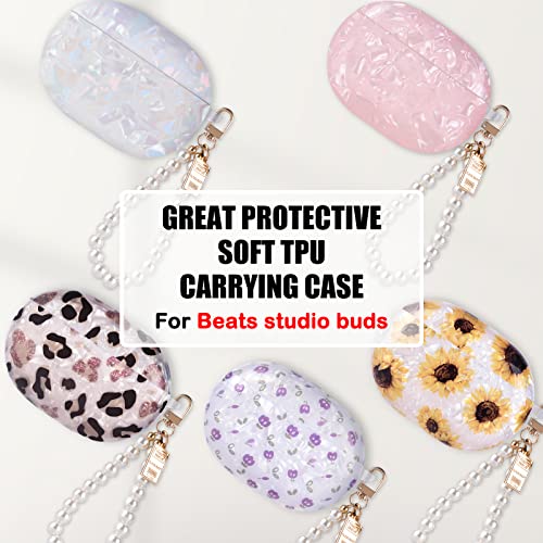 Glitter Marble Shell Design for Beats Studio Buds (2021) with Pearl Wrist Chain Keychain for Women Girls,Colorful Sparkle Bling Cute Beats Studio Buds Protective Skin Cover Soft TPU Shock Proof-White