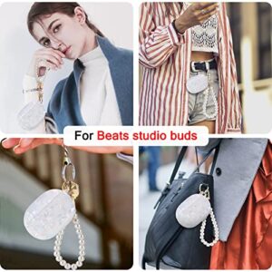 Glitter Marble Shell Design for Beats Studio Buds (2021) with Pearl Wrist Chain Keychain for Women Girls,Colorful Sparkle Bling Cute Beats Studio Buds Protective Skin Cover Soft TPU Shock Proof-White