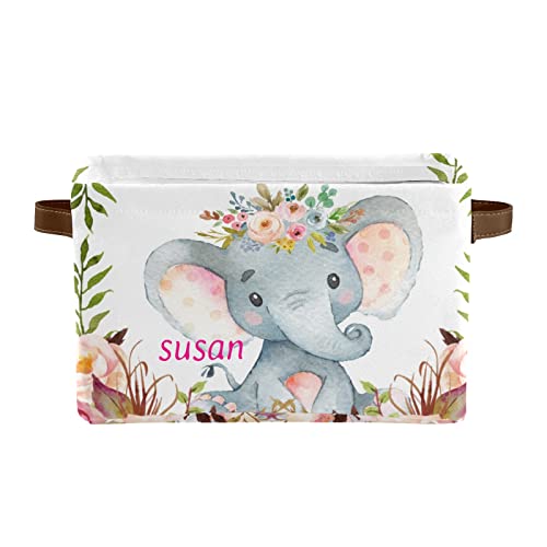 Personalized Watercolor Elephant Flower Canvas Storage Basket with Name Storage Bins Laundry Basket with Handle for Closet Shelf Nursery Bedroom (1 Pack)