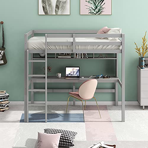 GLORHOME Twin High Loft Bed with Under-Bed Desk & 2-Tier Storage Shelves Ladder Safety Guard Rails, Space Saving Bedroom Furniture for Teens Adults