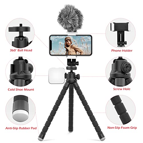 Aureday Cell Phone Tripod, Flexible Mini Tripod with Remote and Cold Shoe, Small Tripod Stand for Video Recording, Vlogging, Compatible with Microphones,Cellphone,Camera,Gopro