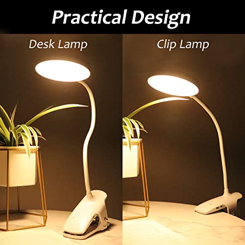 GAXmi Clip On Desk Lamp USB Rechargeable Dimmable Touch LED Table Light (White)