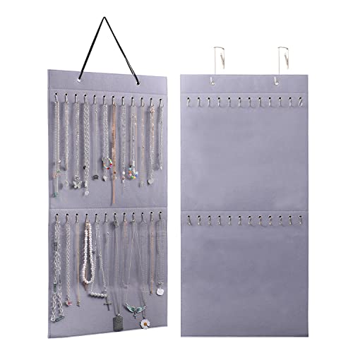 RLRICH Hanging Necklace Holder, Wall Mounted Necklace Hanger with 24 Hooks, Jewelry Organizer for Holding Necklaces, Bracelets, Chains (Gray)