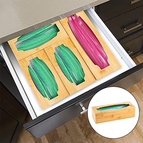 WUWEOT 5 Pc Snack Bag Storage Organizer, Bamboo Food Storage Bag Holders, Kitchen Drawer Sandwich Bag Dispenser for Gallon, Quart, Sandwich, Snack Variety Size Bag