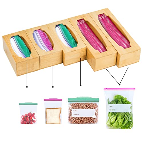 WUWEOT 5 Pc Snack Bag Storage Organizer, Bamboo Food Storage Bag Holders, Kitchen Drawer Sandwich Bag Dispenser for Gallon, Quart, Sandwich, Snack Variety Size Bag