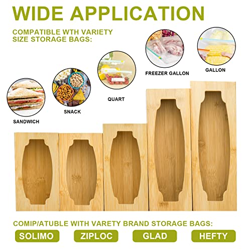 WUWEOT 5 Pc Snack Bag Storage Organizer, Bamboo Food Storage Bag Holders, Kitchen Drawer Sandwich Bag Dispenser for Gallon, Quart, Sandwich, Snack Variety Size Bag