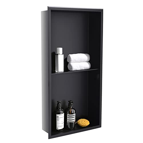 DAYONE Matte Black Shower Niche 12" X 24" NO Tile Needed , Stainless Steel Rectangular Bathroom Wall Soap Niche, Alcove Douche De niche Salle De Bain, Double Shelf Shower or Tub Storage Organizer Nook Insert