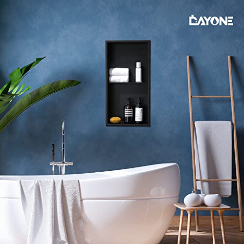 DAYONE Matte Black Shower Niche 12" X 24" NO Tile Needed , Stainless Steel Rectangular Bathroom Wall Soap Niche, Alcove Douche De niche Salle De Bain, Double Shelf Shower or Tub Storage Organizer Nook Insert