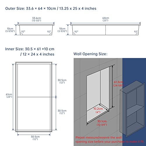 DAYONE Matte Black Shower Niche 12" X 24" NO Tile Needed , Stainless Steel Rectangular Bathroom Wall Soap Niche, Alcove Douche De niche Salle De Bain, Double Shelf Shower or Tub Storage Organizer Nook Insert