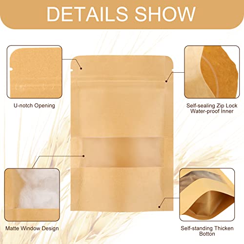 300 Pcs Kraft Bags with Window Kraft Stand up Paper Bags Kraft Zipper Lock Pouches Bulk Mini Food Storage Bags Reusable Heat Sealable Bags for Packaging Home Business (4 x 6 Inch)