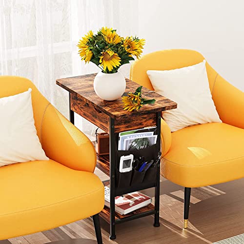 End Table with Charging Station, Narrow Side Table with USB Port and Outlet, Flip Top Nightstand with Storage Shelf, Storage Bag for Small Spaces, Bedside Table for Living Room, Bedroom (Brown)