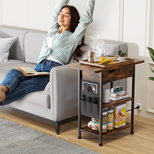 End Table with Charging Station, Narrow Side Table with USB Port and Outlet, Flip Top Nightstand with Storage Shelf, Storage Bag for Small Spaces, Bedside Table for Living Room, Bedroom (Brown)