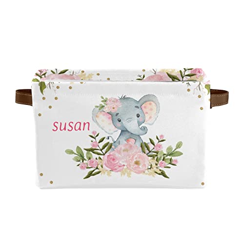 Personalized Pink Floral Elephant Storage Bin with Name Waterproof Canvas Organizer Bin with Handles for Gift Baskets Book Bag (1 Pack)