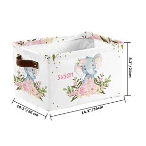 Personalized Pink Floral Elephant Storage Bin with Name Waterproof Canvas Organizer Bin with Handles for Gift Baskets Book Bag (1 Pack)