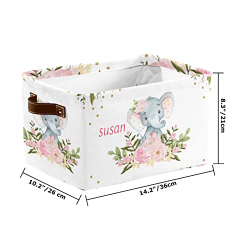 Personalized Pink Floral Elephant Storage Bin with Name Waterproof Canvas Organizer Bin with Handles for Gift Baskets Book Bag (1 Pack)