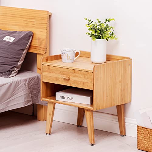 Nightstand Mid-Century Modern Bedside Table with Drawer, Small Nightstand with Adjustable Foot Pad for Bedroom, Recyclable Bamboo (Natural Bamboo)