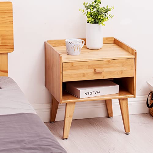 Nightstand Mid-Century Modern Bedside Table with Drawer, Small Nightstand with Adjustable Foot Pad for Bedroom, Recyclable Bamboo (Natural Bamboo)