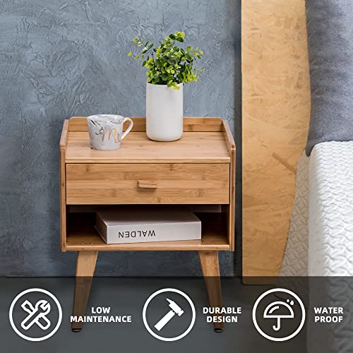 Nightstand Mid-Century Modern Bedside Table with Drawer, Small Nightstand with Adjustable Foot Pad for Bedroom, Recyclable Bamboo (Natural Bamboo)