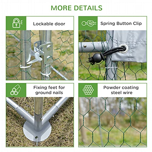 PawHut Galvanized Large Metal Chicken Coop Cage Walk-in Enclosure Poultry Hen Run House Playpen Rabbit Hutch with Cover for Outdoor Backyard 9.2' x 12.5' x 6.5' Silver