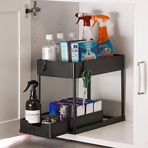 Hesbilr 2 Tier Under Sliding Cabinet Basket Kitchen Organization and Storage, Bathroom Under Sink Organization with Sliding Drawers 4 Hooks, Multifunctional Toilet and Kitchen Storage Cabinets