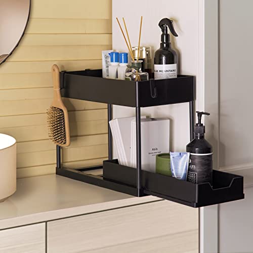 Hesbilr 2 Tier Under Sliding Cabinet Basket Kitchen Organization and Storage, Bathroom Under Sink Organization with Sliding Drawers 4 Hooks, Multifunctional Toilet and Kitchen Storage Cabinets