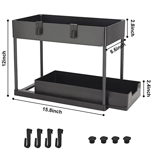 Hesbilr 2 Tier Under Sliding Cabinet Basket Kitchen Organization and Storage, Bathroom Under Sink Organization with Sliding Drawers 4 Hooks, Multifunctional Toilet and Kitchen Storage Cabinets