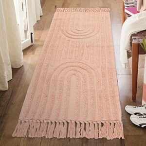 lanffia boho rainbow hallway runner rug 2x6, tufted pink bedside girl's room mat with tassels, farmhouse cotton woven washable throw carpet for nursery laundry living room, peach pink