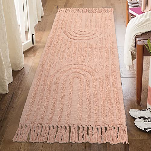 Lanffia Boho Rainbow Hallway Runner Rug 2x6, Tufted Pink Bedside Girl's Room Mat with Tassels, Farmhouse Cotton Woven Washable Throw Carpet for Nursery Laundry Living Room, Peach Pink