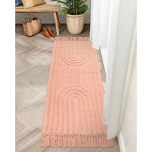 Lanffia Boho Rainbow Hallway Runner Rug 2x6, Tufted Pink Bedside Girl's Room Mat with Tassels, Farmhouse Cotton Woven Washable Throw Carpet for Nursery Laundry Living Room, Peach Pink