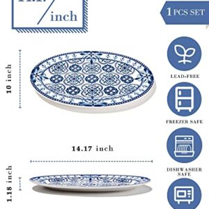 Sonemone 14 inch Blue Serving Platter, Ceramic Oval Serving Plates for Entertaining Party Restaurant, Turkey, Dishwasher & Microwave Safe