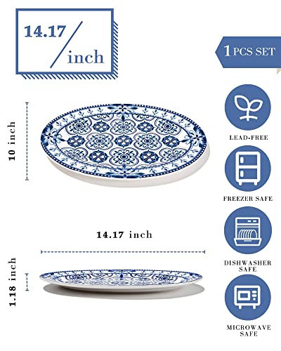 Sonemone 14 inch Blue Serving Platter, Ceramic Oval Serving Plates for Entertaining Party Restaurant, Turkey, Dishwasher & Microwave Safe