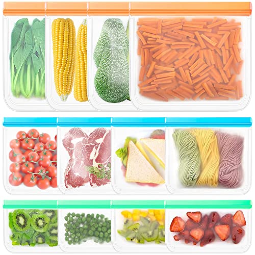 BLOCE Reusable Food Storage Bags, 12 Pack BPA FREE Flat Freezer Bags - Includes 4 Reusable Gallon Bags + 4 Leakproof Reusable Sandwich Bags + 4 Food Grade Kids Snack Bags, FDA Grade Reusable Ziplock Bags Silicone for Meat Fruit Cereal Snacks